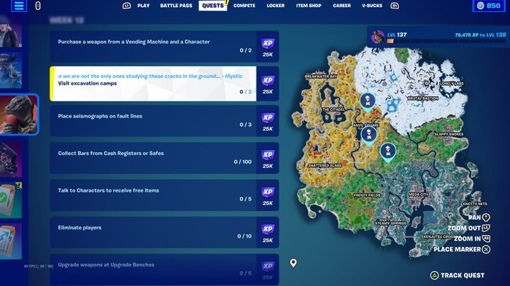 Fortnite map showing excavation camp locations