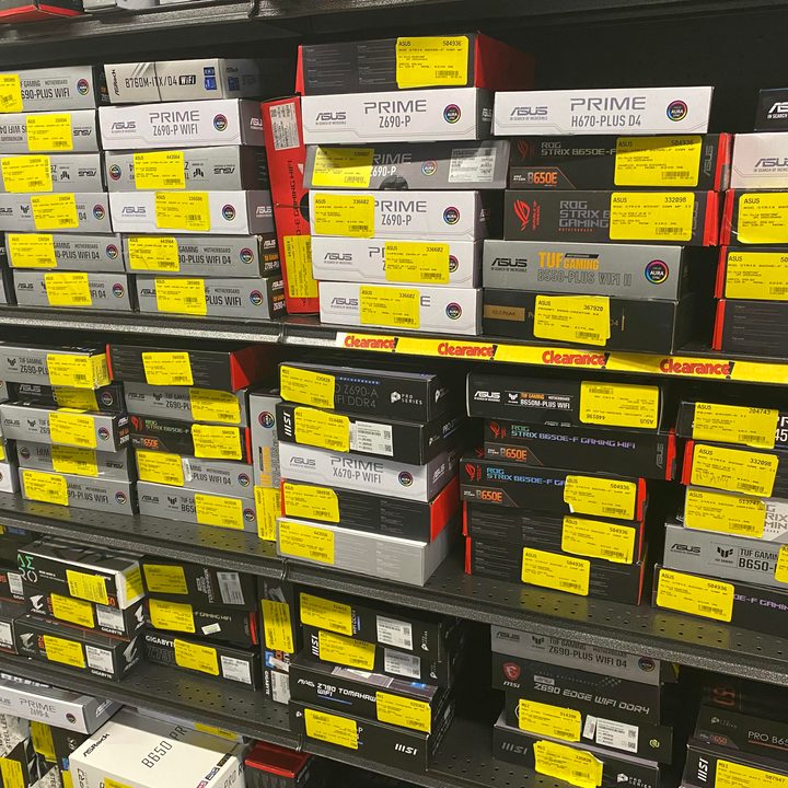 Asus motherboards on display at Micro Center.