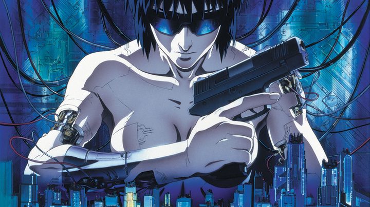 The cybernetic Motoko Kusanagi holding a gun in Ghost in the Shell key art.