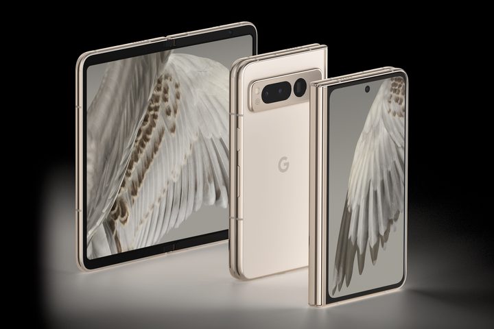 A promo image showing the Google Pixel Fold, open and closed.