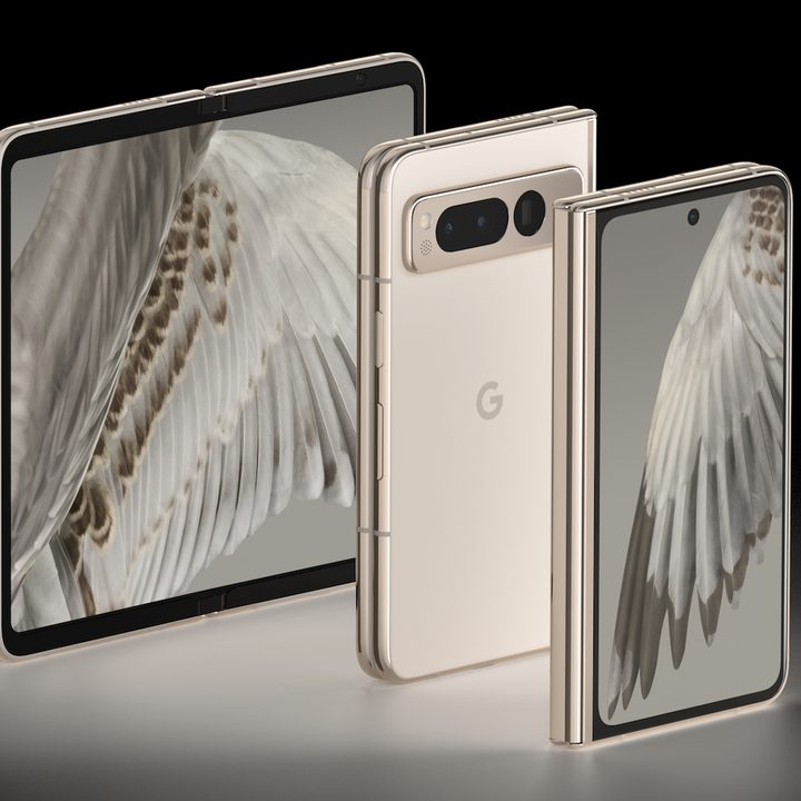 A promo image showing the Google Pixel Fold, open and closed.