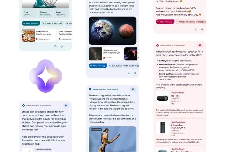Various example of Google's Search Generative Experience, which is powered by the company's artificial intelligence tools.