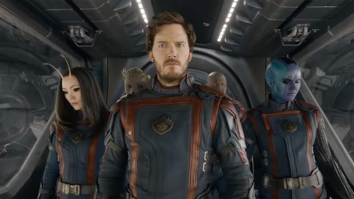 Pom Klementieff, Chris Pratt, and Karen Gillan as Mantis, Star-Lord, and Nebula in Guardians of the Galaxy.