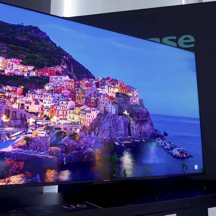 A village built into a seaside mountainside shown on a Hisense U6K.