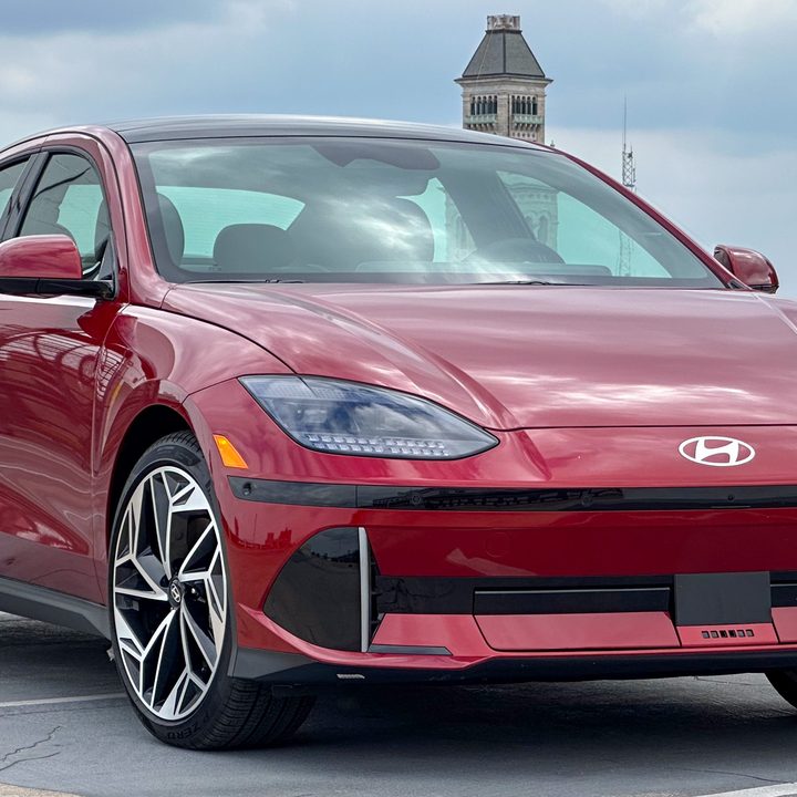 The front view of a red Hyundai Ioniq 6.