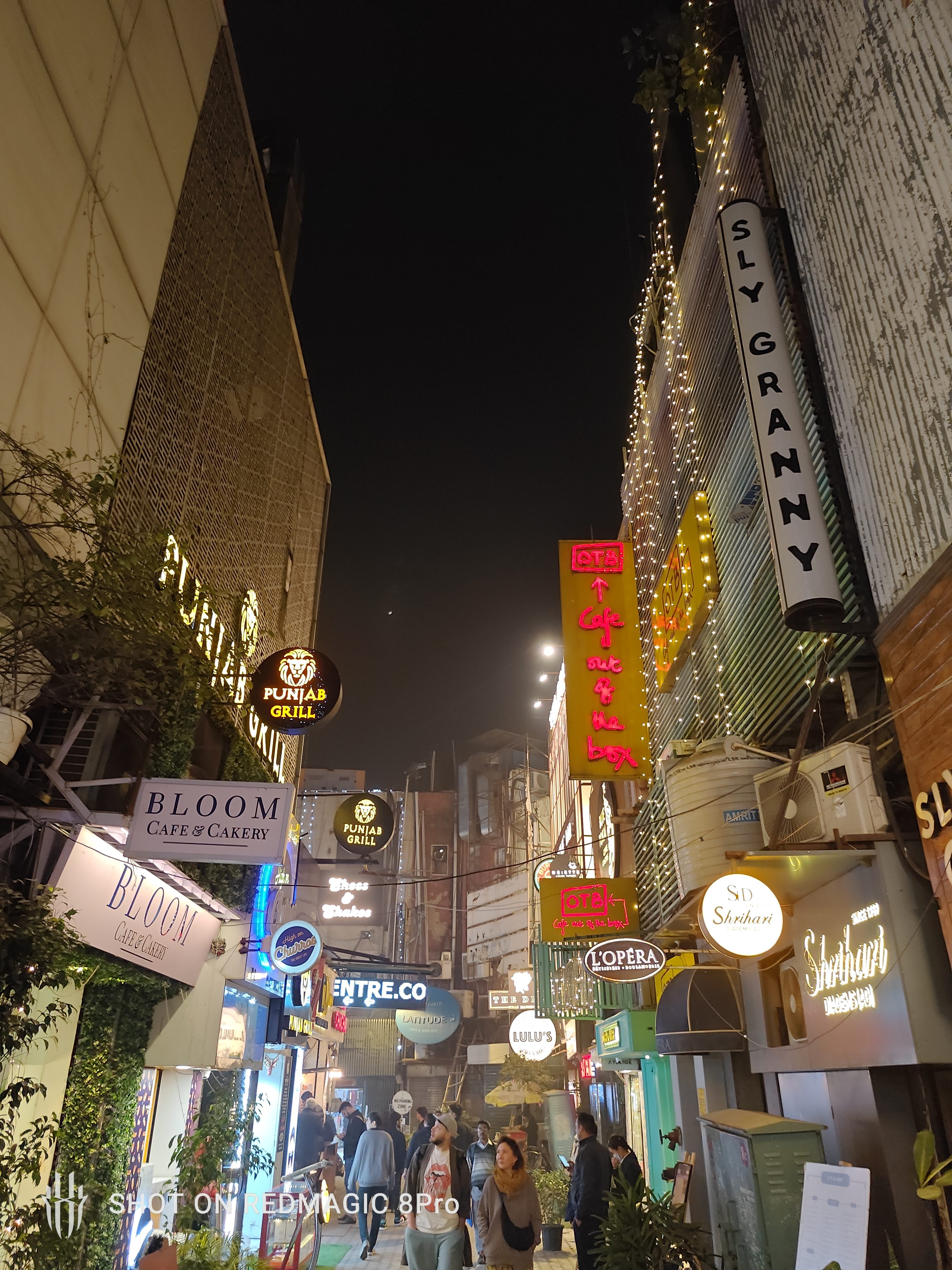 Shops in Khan market, Delhi at night.