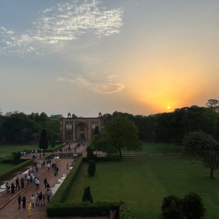 Sunset across a large courtyard captured by the iPhone 14 Pro.