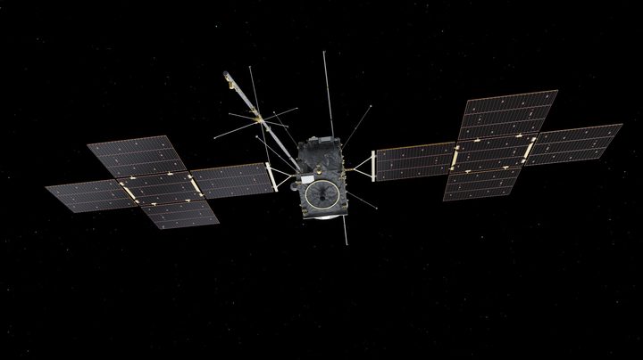 An artist's impression of the Juice spacecraft fully deployed.