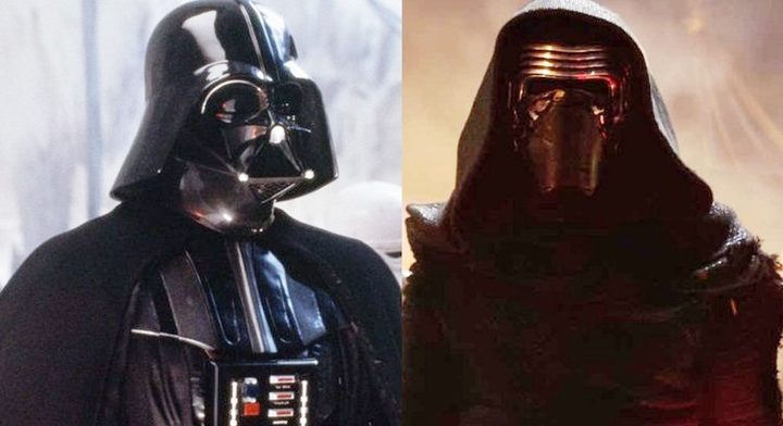 A split image of Darth Vader and Kylo Ren in Star Wars movies.
