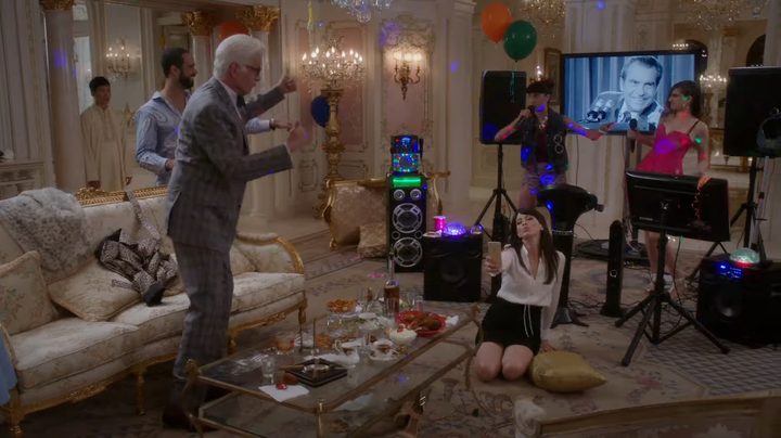 Michael dancing with Trevor's gang at Tahini's house in "The Good Place."