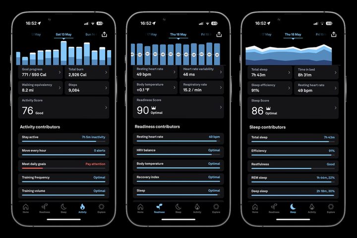 Screenshots from the Oura Ring app.