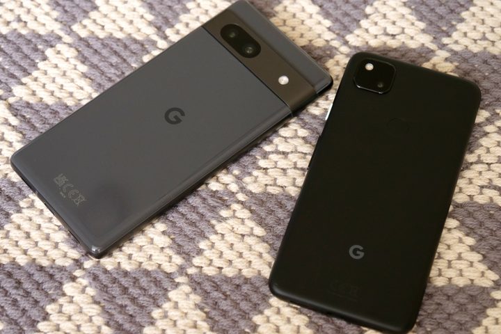 The back of the Pixel 4a and Pixel 7a.