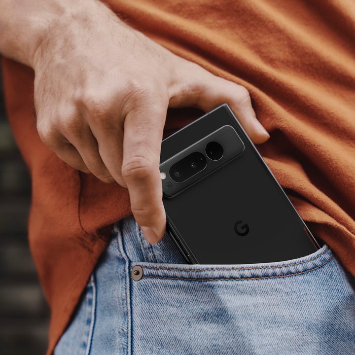 The Google Pixel Fold in someone's pocket.