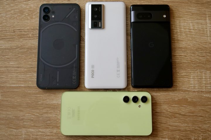The Poco F5 Pro with the Nothing Phone 1, the Galaxy A54, and the Pixel 7.