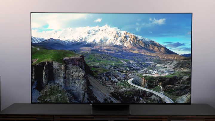 A mountain vista on a Samsung S95C OLED TV.