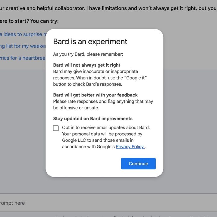 The notification stating that Google Bard is still an experiment.