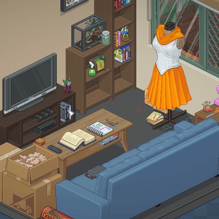 A small living room with a blue couch, a tv, and a pink sewing machine. A Sailor Moon cosplay is by the window.