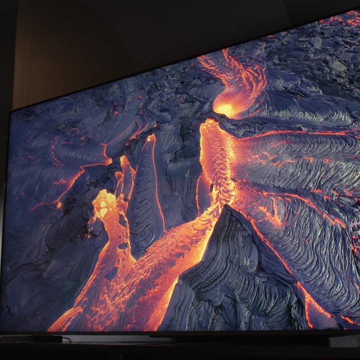 An aerial view of a lava flow on a TCL QM8 Mini-LED TV.