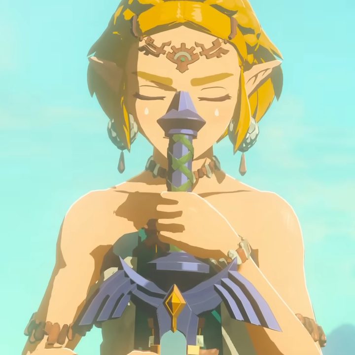 Zelda with the Master Sword in Tears of the Kingdom.