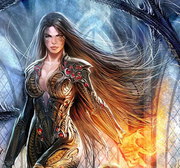 Witchblade stands in front of a gothic background.