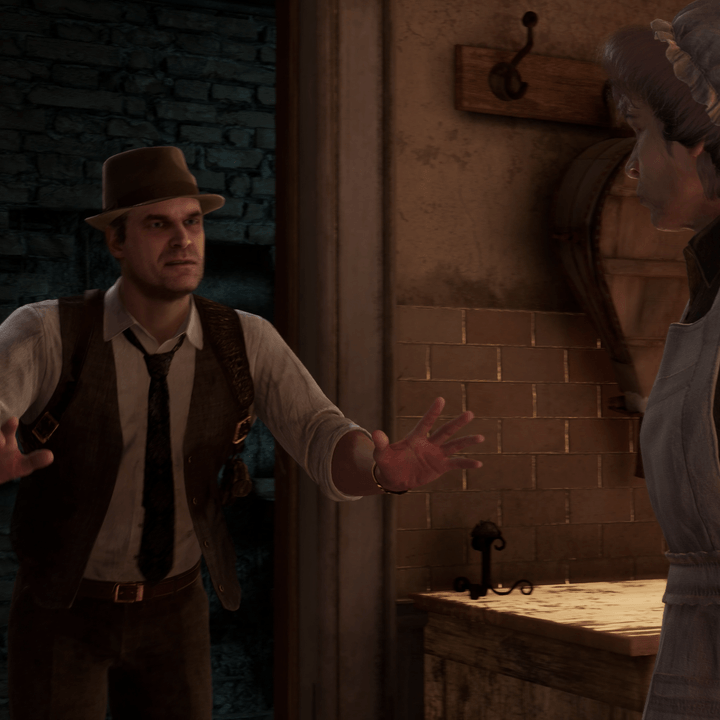 Two characters speak to one another in Alone in the Dark.