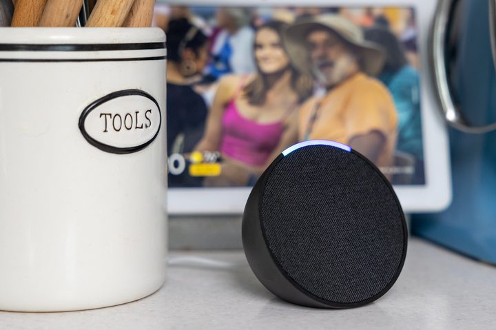 Amazon Echo Pop on a kitchen counter.
