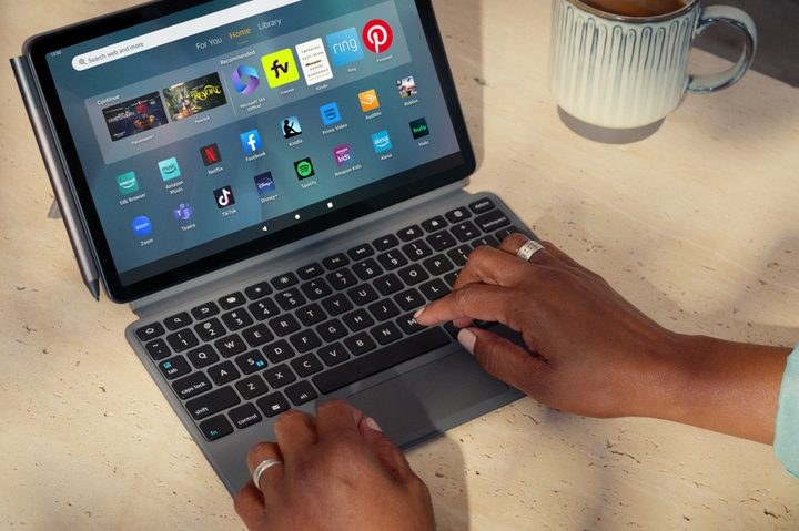 Amazon Fire Max 11 tablet with its keyboard and stylus accessories.