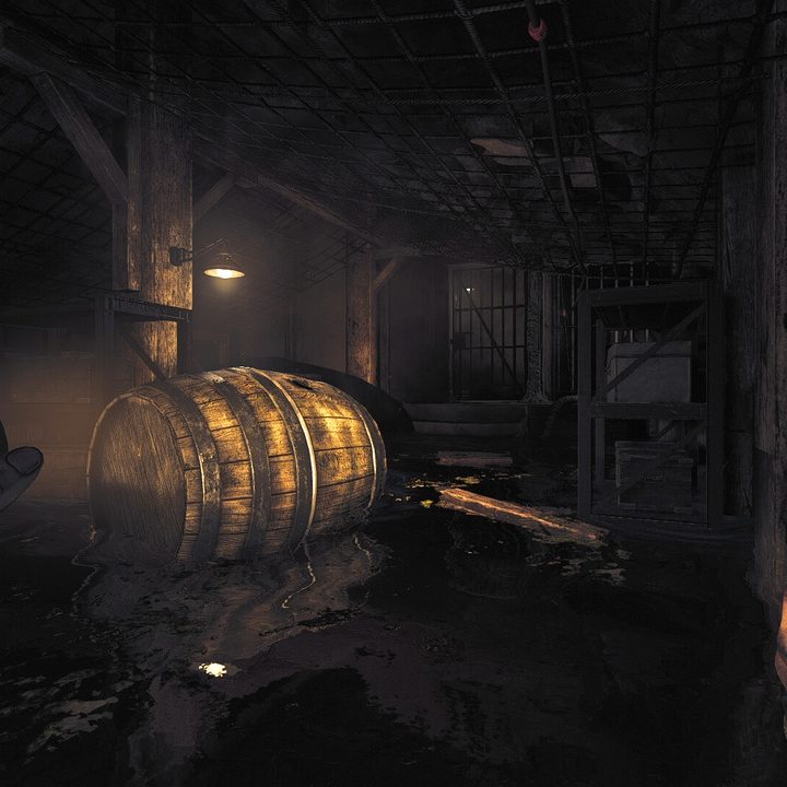A character shines a flashlight at a barrel in Amnesia: The Bunker.