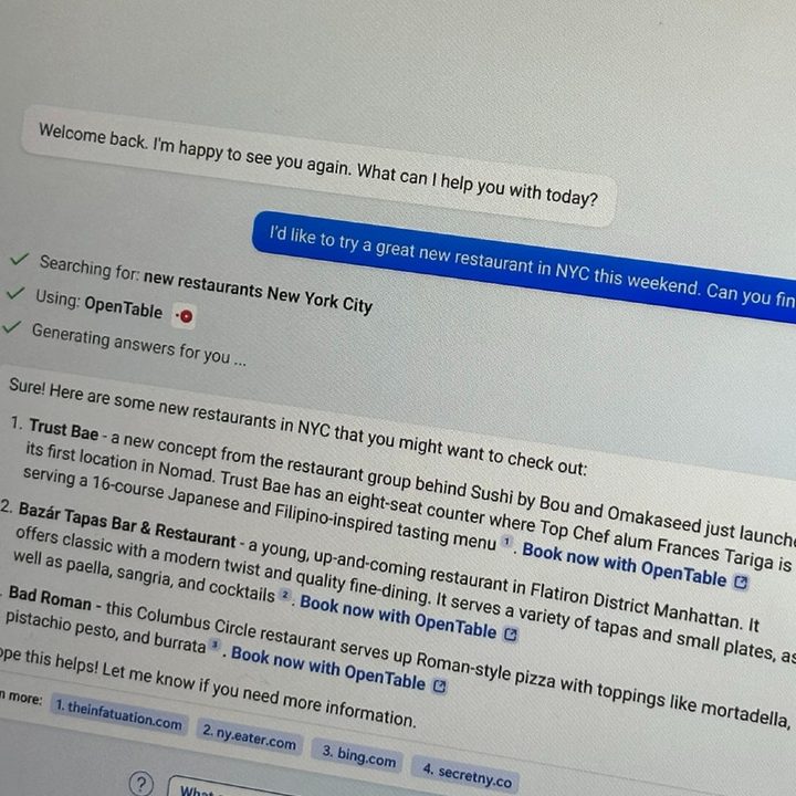 Answers in Bing Chat showing the use of the OpenTable plugin.