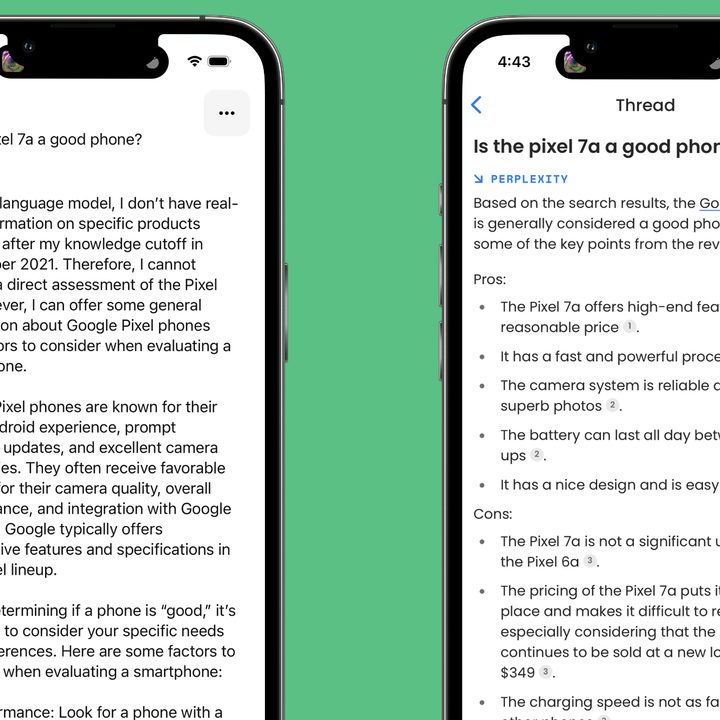 The ChatGPT and Perplexity AI apps on an iPhone, asking the question of "Is the Pixel 7a a good phone?".