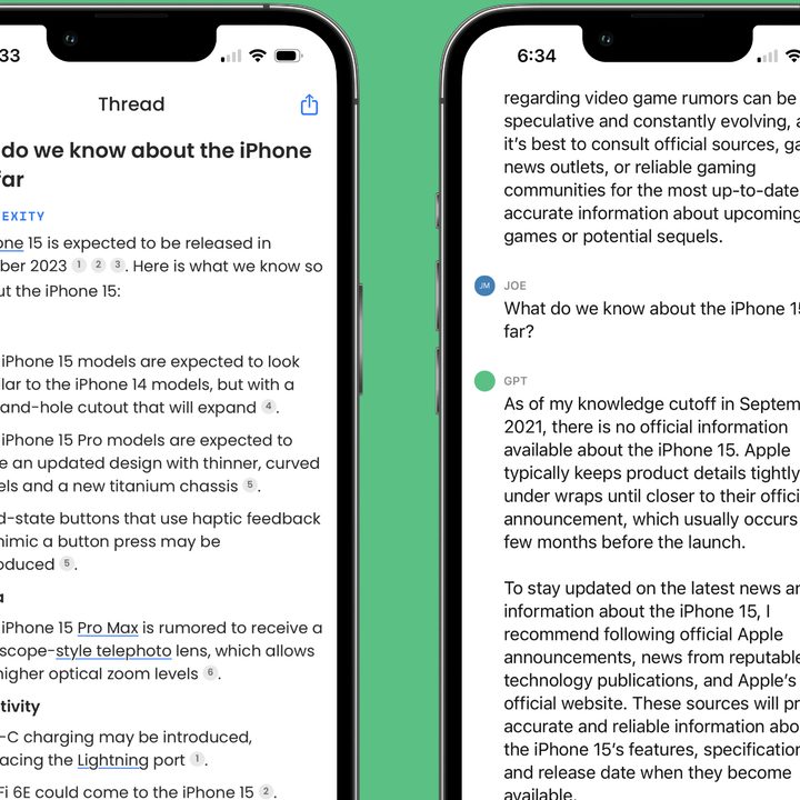 The ChatGPT and Perplexity AI apps running on iPhones, asking the question "What do we know about the iPhone 15 so far."
