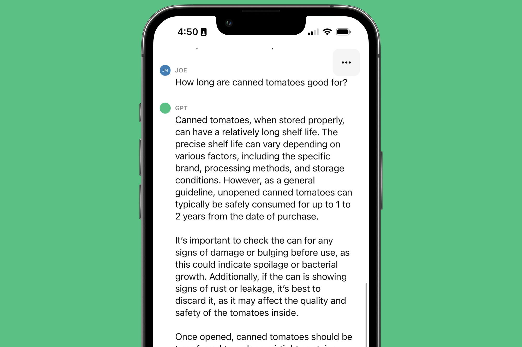 The ChatGPT iPhone app answering the question "how long are canned tomatoes good for."