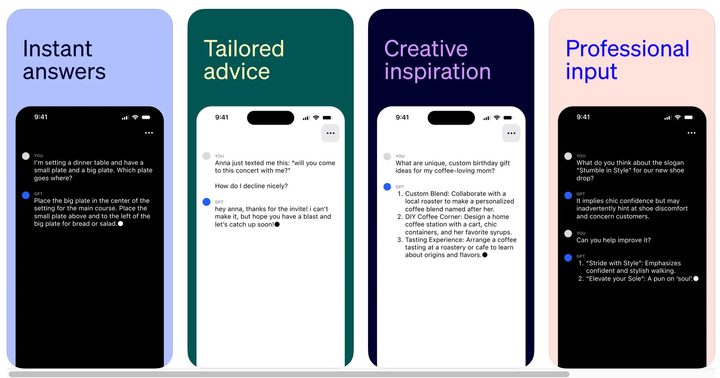 Screenshots of OpenAI's ChatGPT app for iOS.