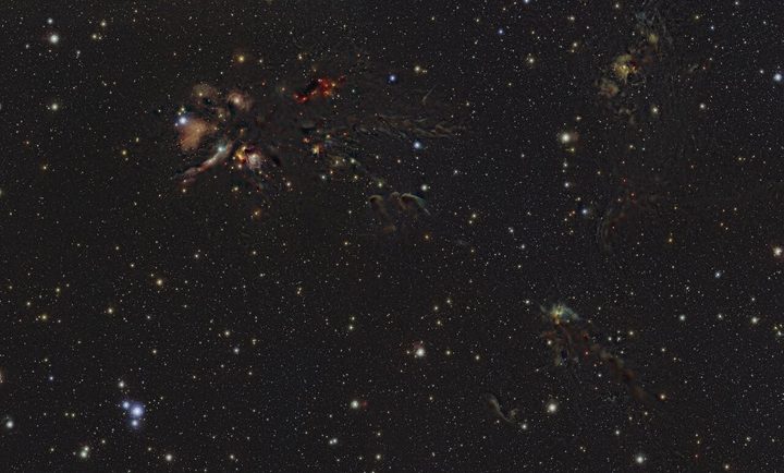This image shows the L1688 region in the Ophiuchus constellation. New stars are born in the colourful clouds of gas and dust seen here. The infrared observations underlying this image reveal new details in the star-forming regions that are usually obscured by the clouds of dust. The image was produced with data collected by the VIRCAM instrument, which is attached to the VISTA telescope at ESO’s Paranal Observatory in Chile. The observations were done as part of the VISIONS survey, which will allow astronomers to better understand how stars form in these dust-enshrouded regions.