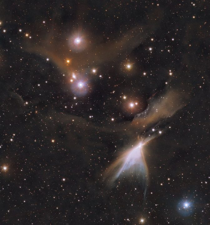 This image shows the HH 909 A object in the Chamaeleon constellation. New stars are born in the colourful clouds of gas and dust seen here. The infrared observations underlying this image reveal new details in the star-forming regions that are usually obscured by the clouds of dust. The image was produced with data collected by the VIRCAM instrument, which is attached to the VISTA telescope at ESO’s Paranal Observatory in Chile. The observations were done as part of the VISIONS survey, which will allow astronomers to better understand how stars form in these dust-enshrouded regions.