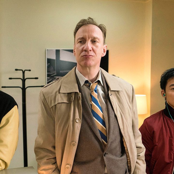 Three men stand together in a scene from Fargo.
