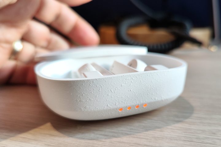 Final Audio ZE8000 earbuds in case, charging lights lit.
