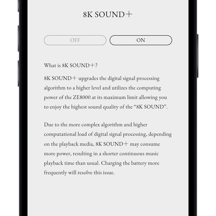 Final Connect app for iOS showing 8K sound screen.