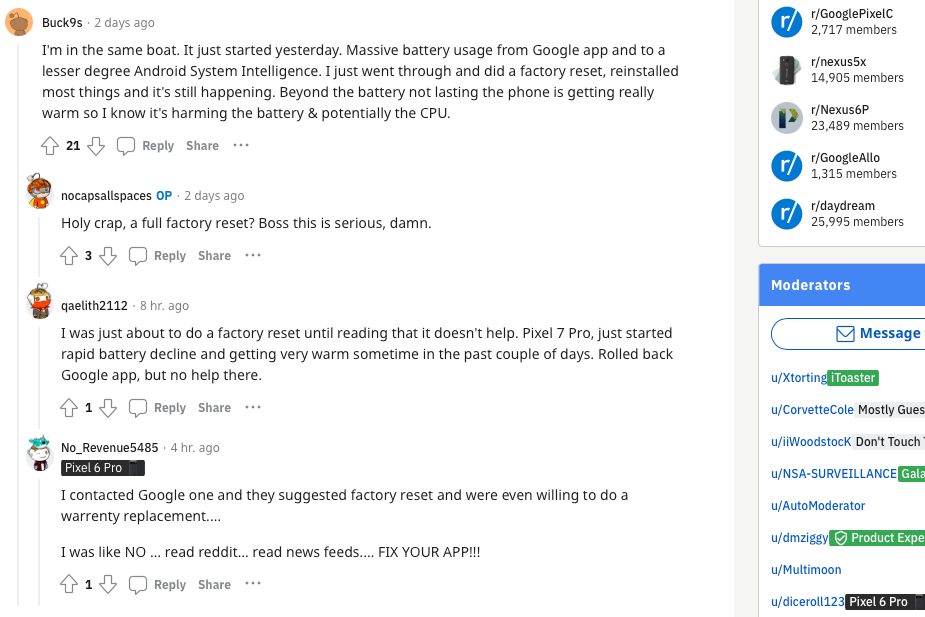 People on Reddit complaining about poor battery life for Google Pixel devices.
