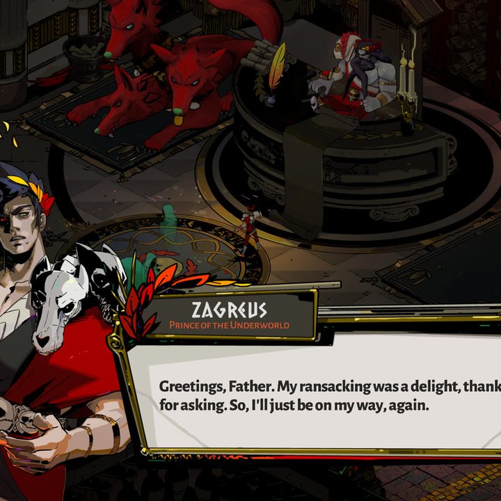 Zagreus is seen speaking to his father, Hades. Cerberus lays in the background behind a throne-like desk.