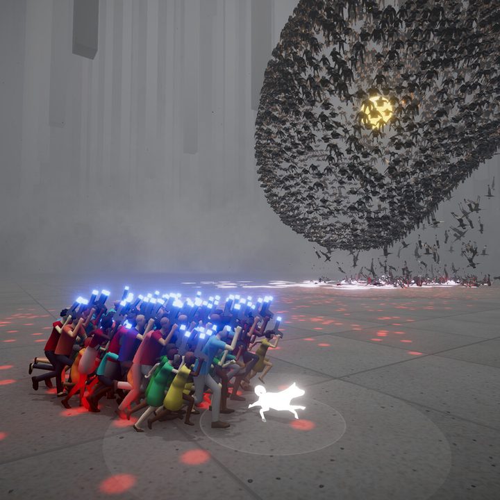 Humans bow to a floating head in Humanity.