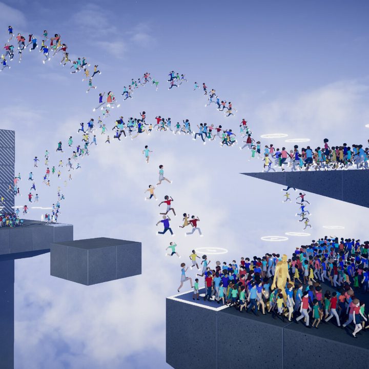 Humans jump over a gap in Humanity.