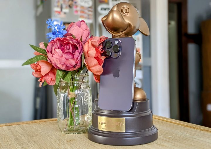 Deep Purple iPhone 14 Pro on Mickey statue with flowers