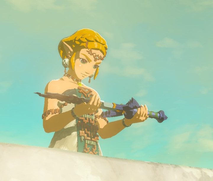 Zelda holding the decayed Master Sword in Tears of the Kingdom.