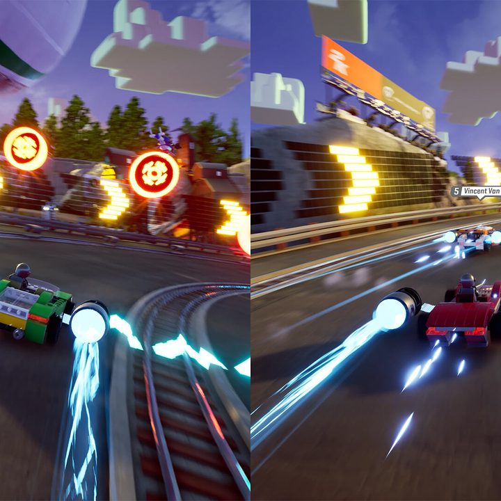 Two players race against one another in Lego 2K Drive.