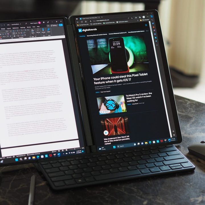Lenovo Yoga Book 9i with dual displays in horizontal orientation.