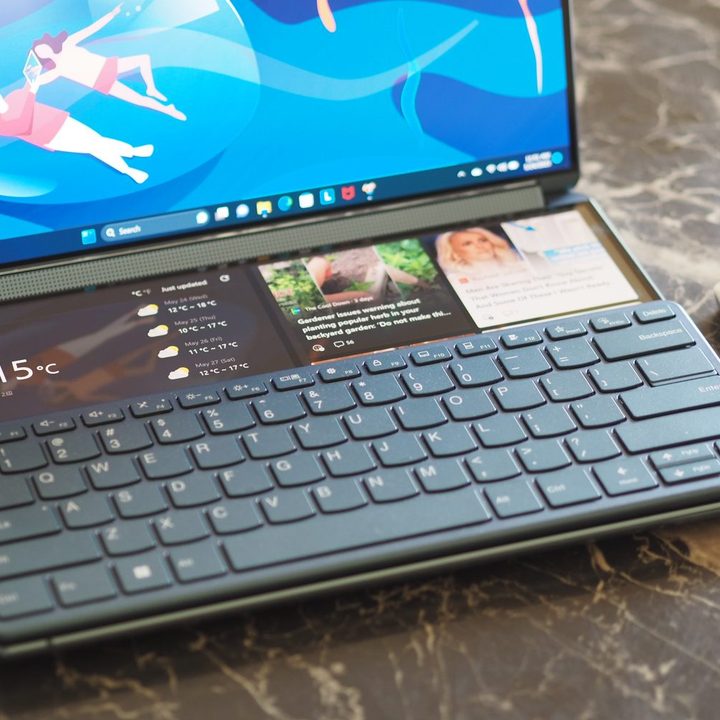 Lenovo Yoga Book 9i top down view showing physical keyboard on bottom.