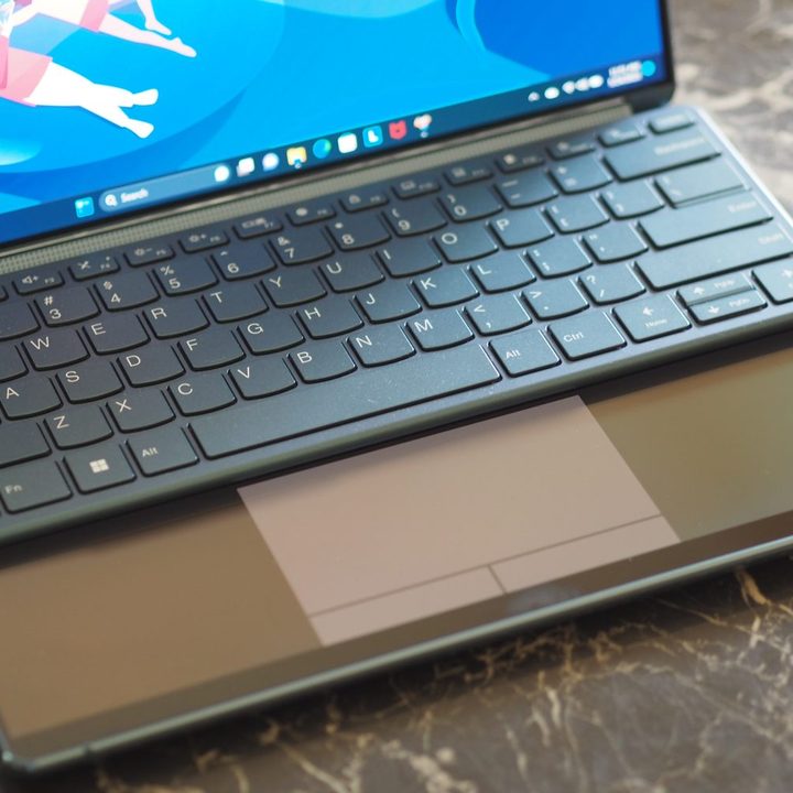 Lenovo Yoga Book 9i top down view showing physical keyboard at top.