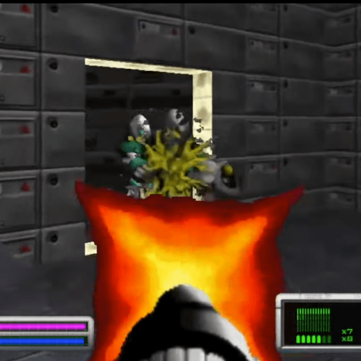 A character shoots a gun at aliens in Marathon.