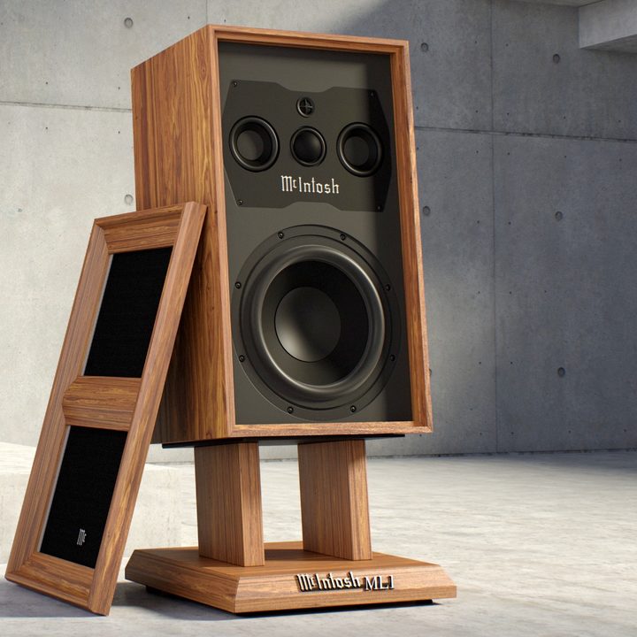 McIntosh ML1 MKII speaker on a matching stand, with grille removed.